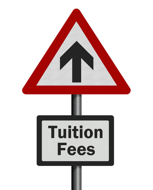 'Tuition fees' rise, photo-realistic signpost, isolated on a whi