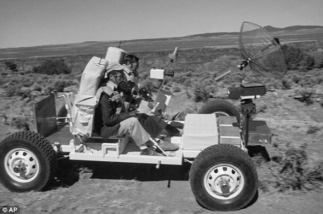 1971 image: Apollo 17 astronaut Harrison 'Jack' Schmitt  training in a lunar roving vehicle on the Big Island of Hawaii. This is the latest image in the set recently unearthed by NASA. 