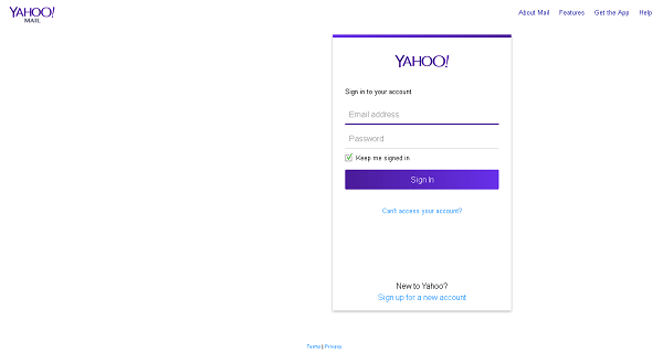 Yahoo Mail log in page