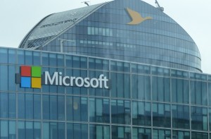 Microsoft logo on glass building