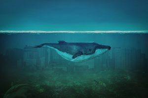 Blue whale swimming in an imaginary ocean