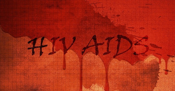 HIV and AIDS written on a blood-red background