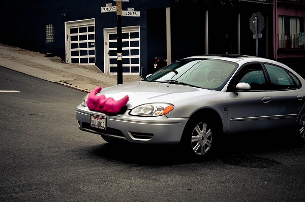 Lyft car sporting the pink moustache