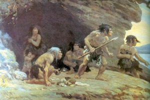 neanderthals in front of a cave defending themselves